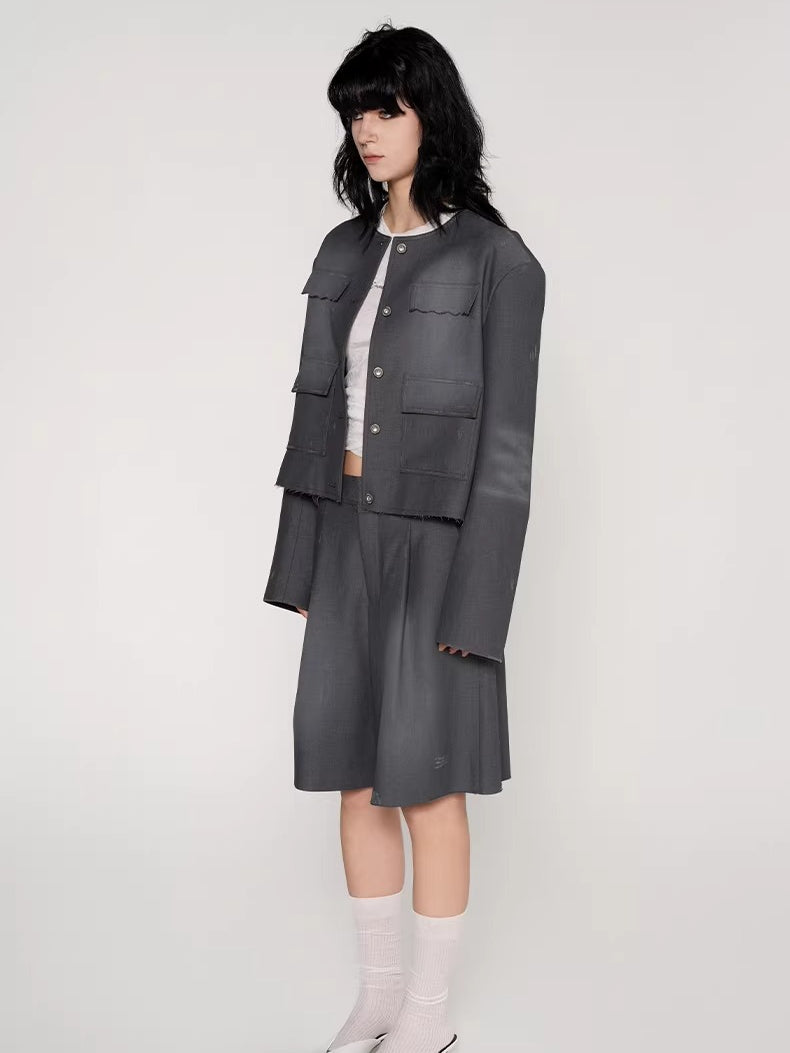 Washed Fringe-Edge Collarless Cropped Blazer