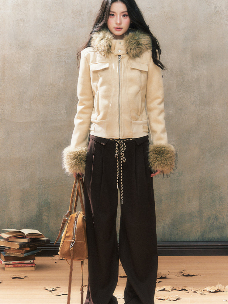 Two-Tone Hooded Fur Collar Shearling Coat