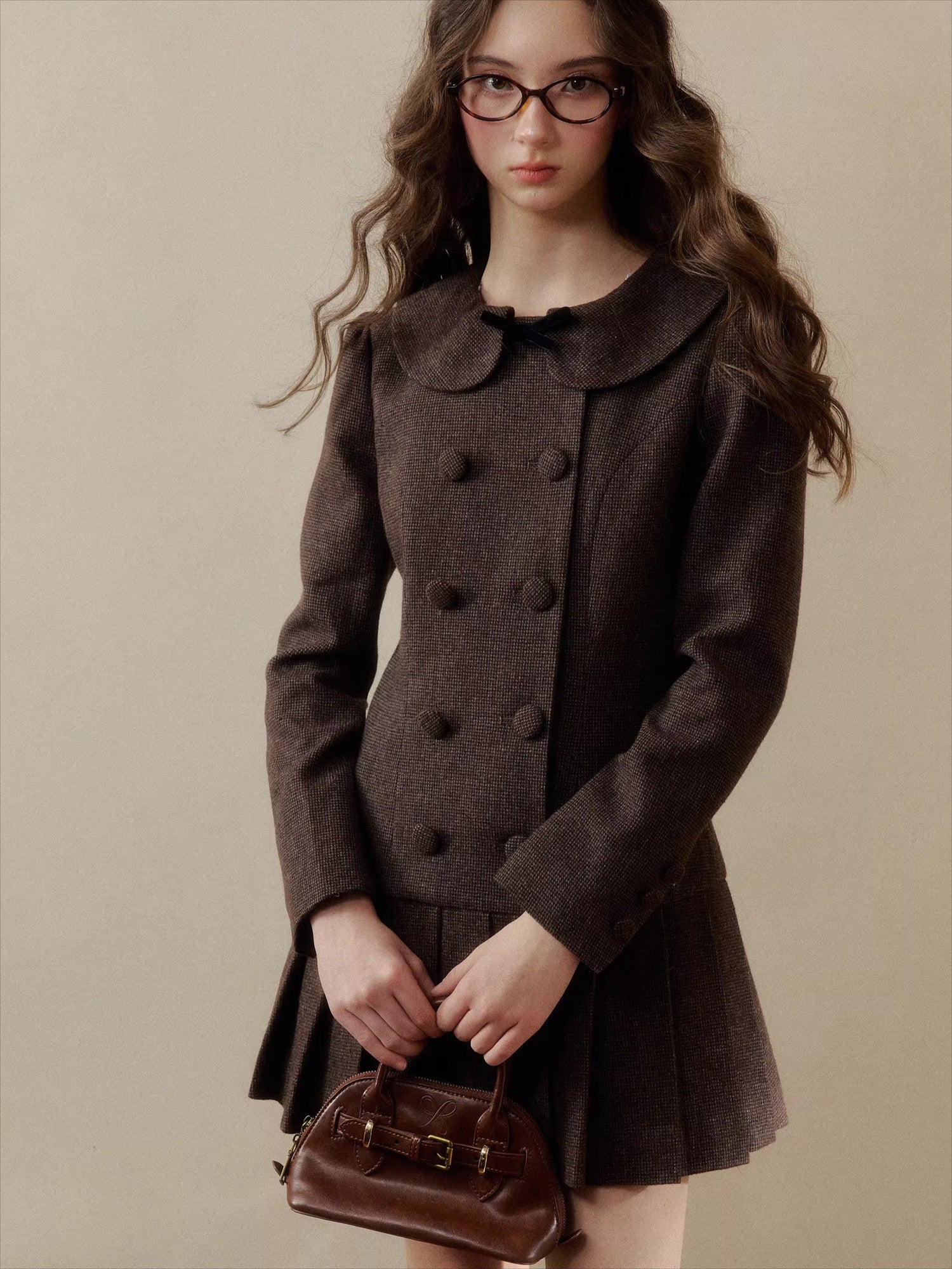 Vintage Preppy Doll-Collar Houndstooth Pleated Dress