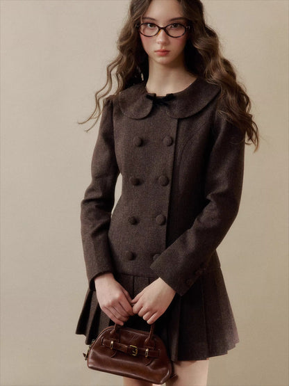 Vintage Preppy Doll-Collar Houndstooth Pleated Dress