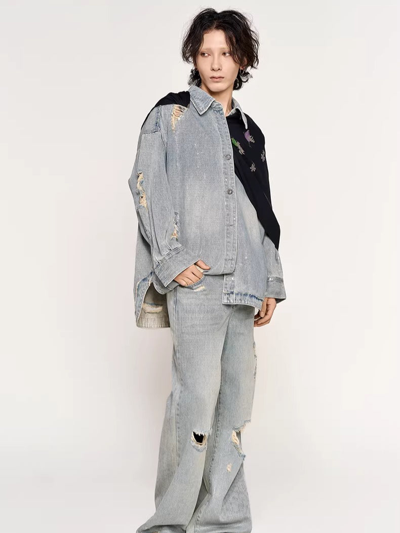 Silver-Foil Raw-Edge Oversized Denim Shirt