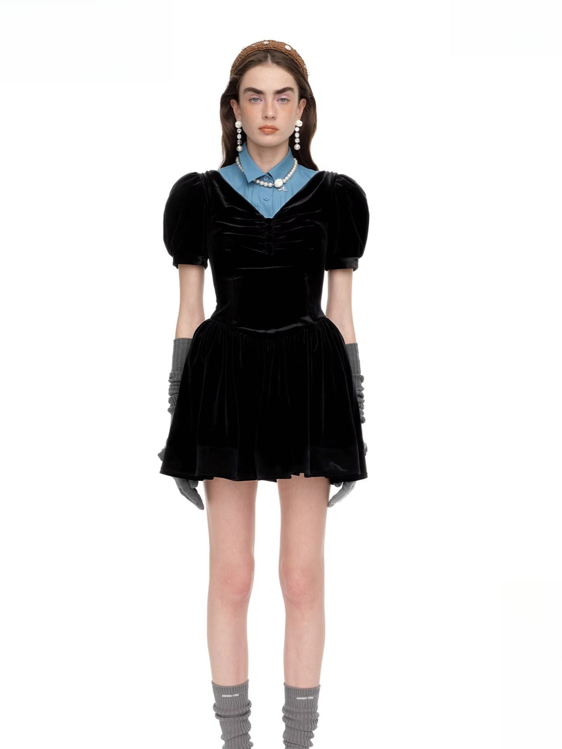 Ruched Puff-Sleeve V-Neck Mini Dress