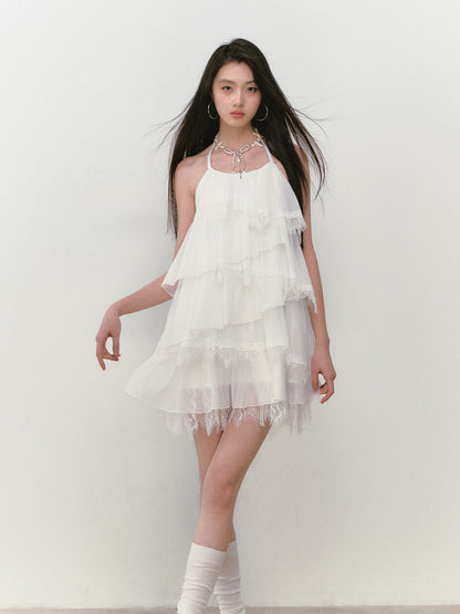 Lace-spliced Cake-style Halter Dress
