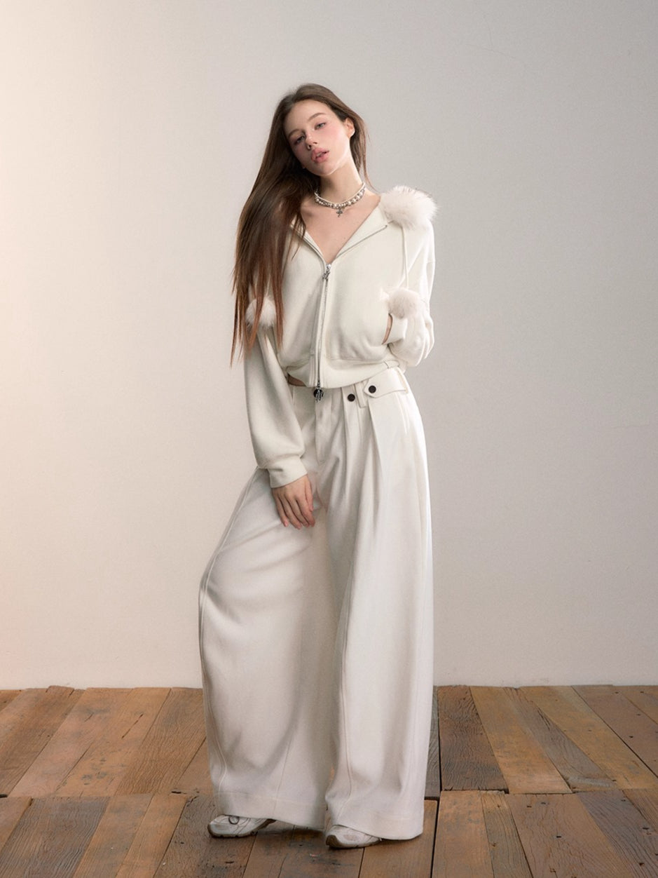 Faux Fur Collar Wool-Blend Fleece Jacket