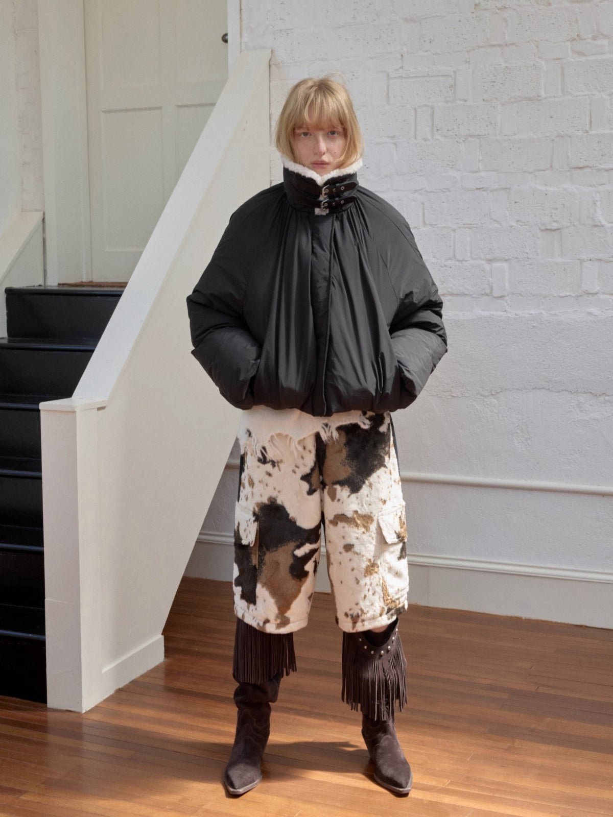 Belted Pleated Cocoon Down Jacket