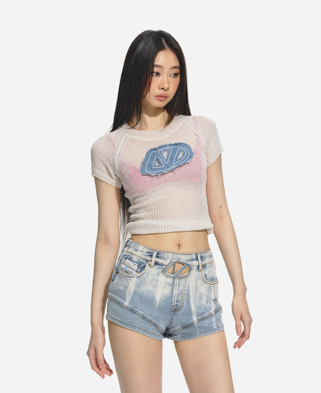 Denim Embroidered Knitted Crewneck Tee - CHINASQUAD