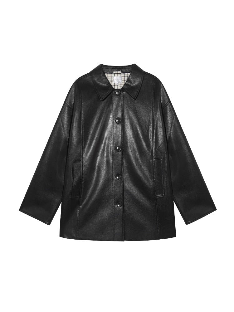Black H-shaped Cuff Checkered Spliced Leather Jacket - CHINASQUAD
