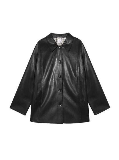 Black H-shaped Cuff Checkered Spliced Leather Jacket - CHINASQUAD