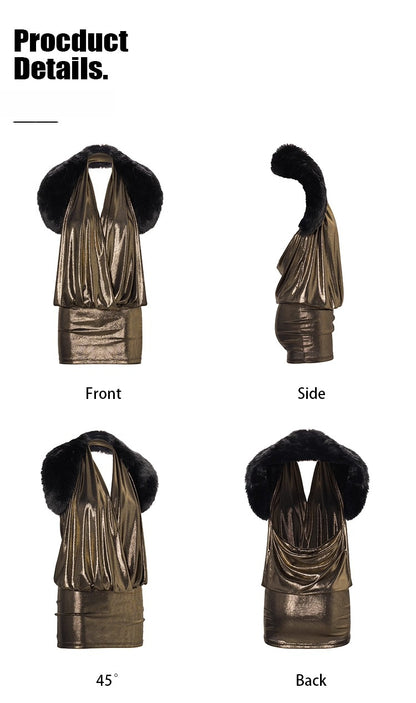 Faux-Fur Collar Knit Sleeveless Dress