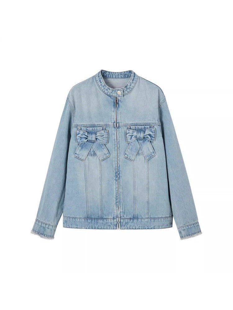 Blue 3D Bow Moto Denim Jacket