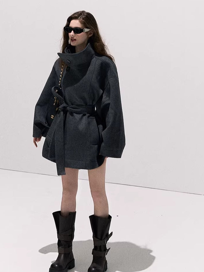 Stand-Collar Pure Wool Tailored Coat