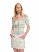 One-Shoulder Halter Neck Color-Block Striped T-shirt - CHINASQUAD