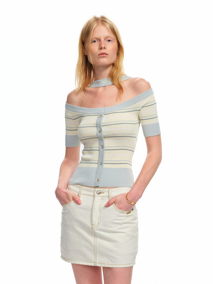 One-Shoulder Halter Neck Color-Block Striped T-shirt - CHINASQUAD