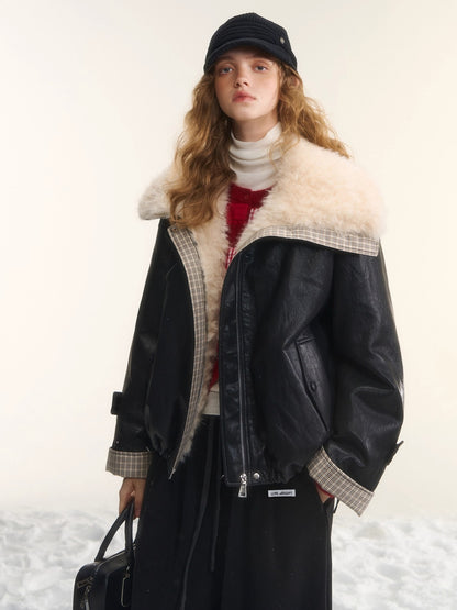 Faux-Fur Collar Down Leather Jacket