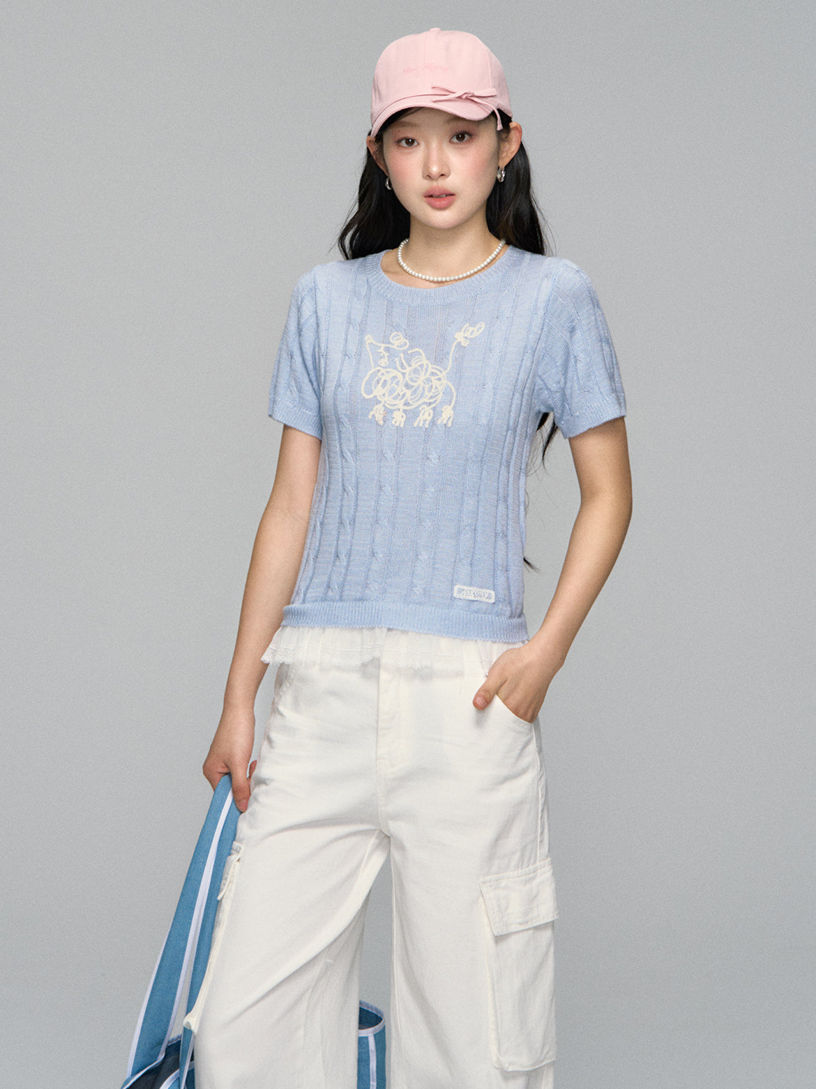 Dog Embroidered Cable Knit T-shirt