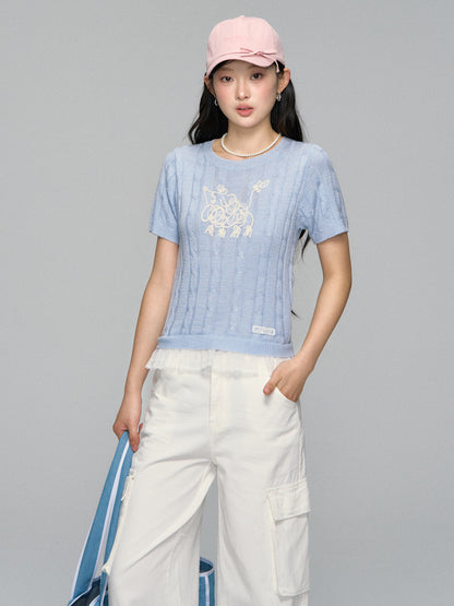 Dog Embroidered Cable Knit T-shirt