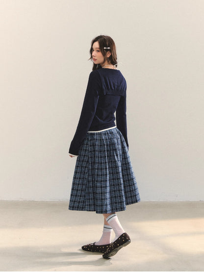 High-Waist Belted Plaid Umbrella Skirt