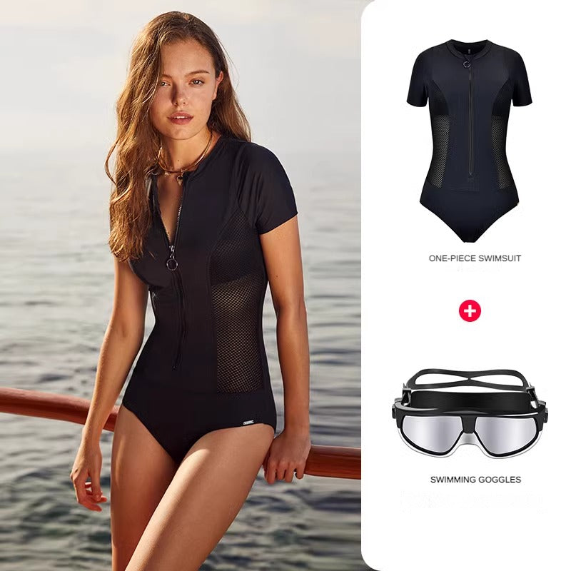 Black Zip-up Swimsuit &amp; Cap &amp; Goggles