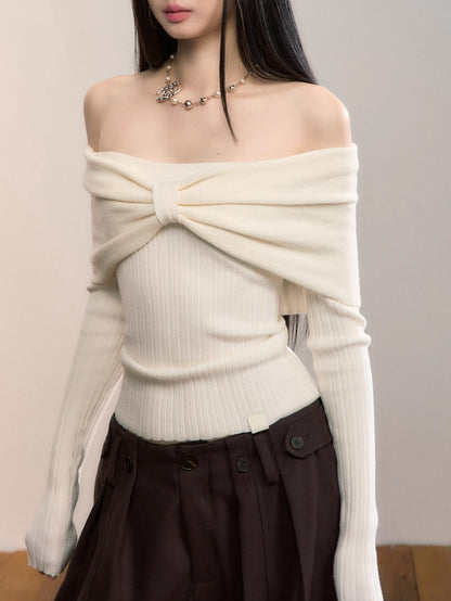 Off-Shoulder Bow Detail Knit Crewneck