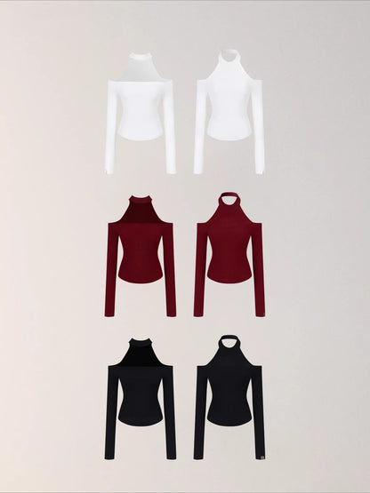 Reversible Cold-Shoulder Knit Turtleneck