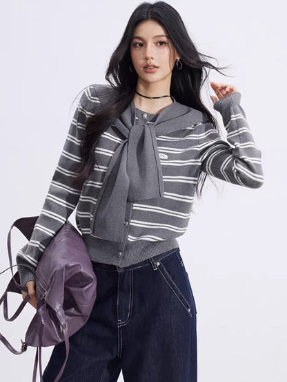 Striped Knit Cardigan &amp; Shawl Two-Piece Set