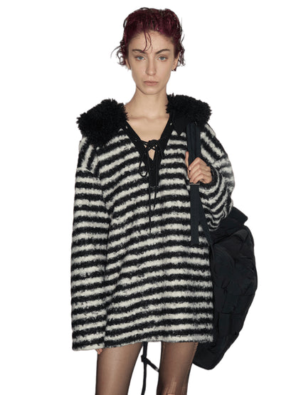 Detachable Collar Striped Knit Sweater