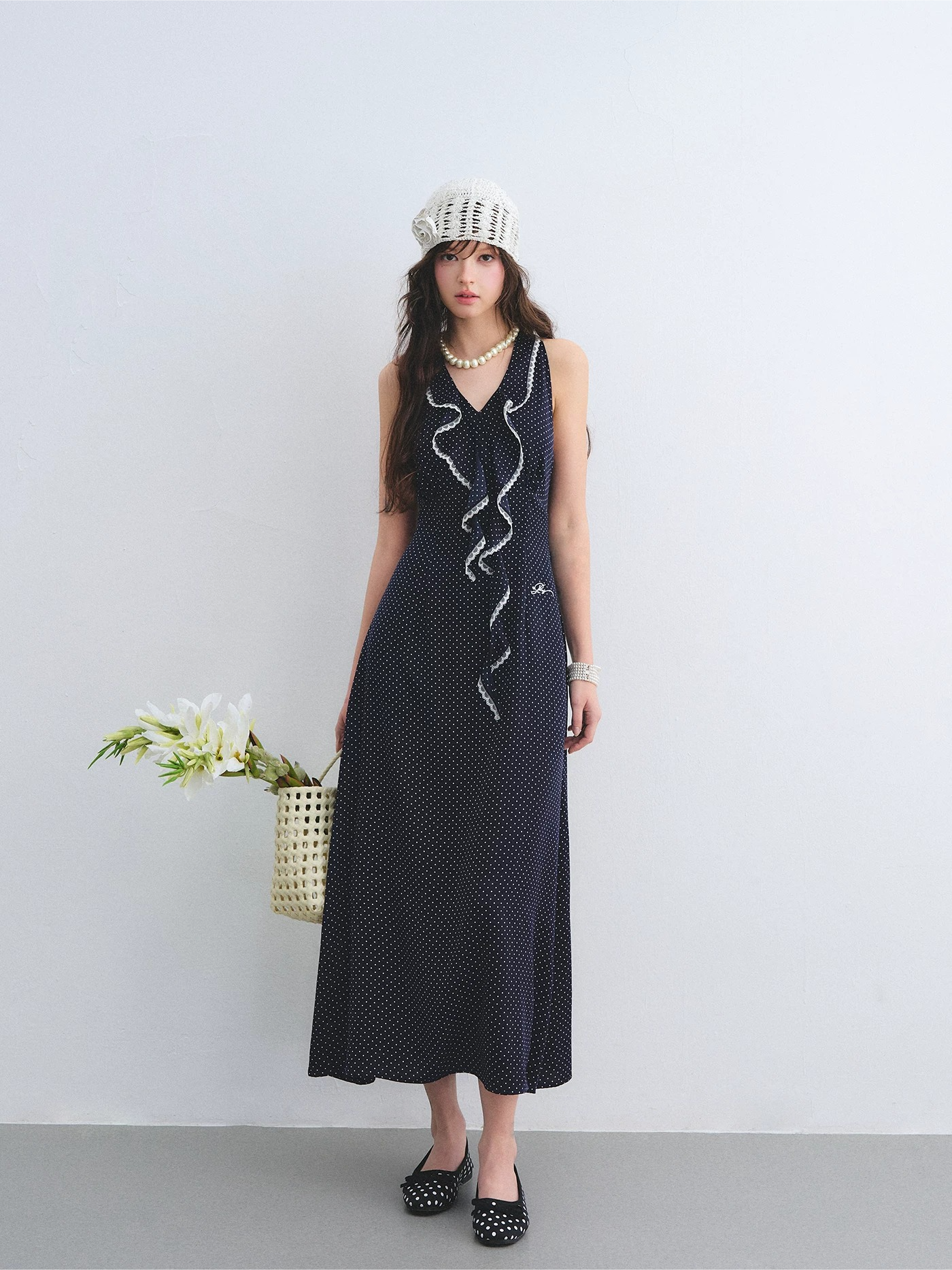 Navy Polka Dot Lace Ruffle V-Neck Sleeveless Midi Dress