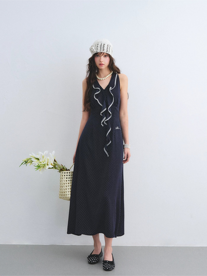 Navy Polka Dot Lace Ruffle V-Neck Sleeveless Midi Dress