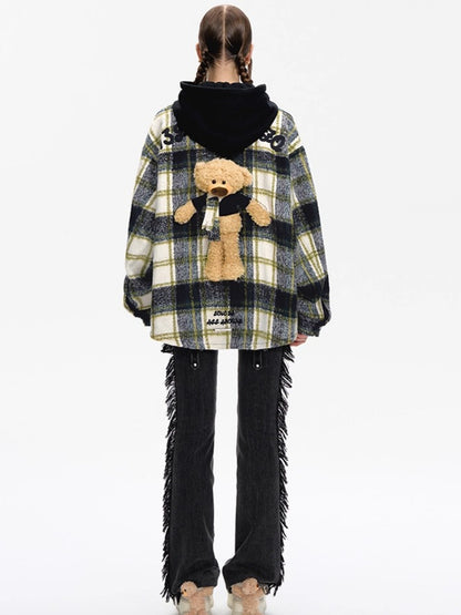 Plaid Patchwork Teddy Zip Overshirt Jacket