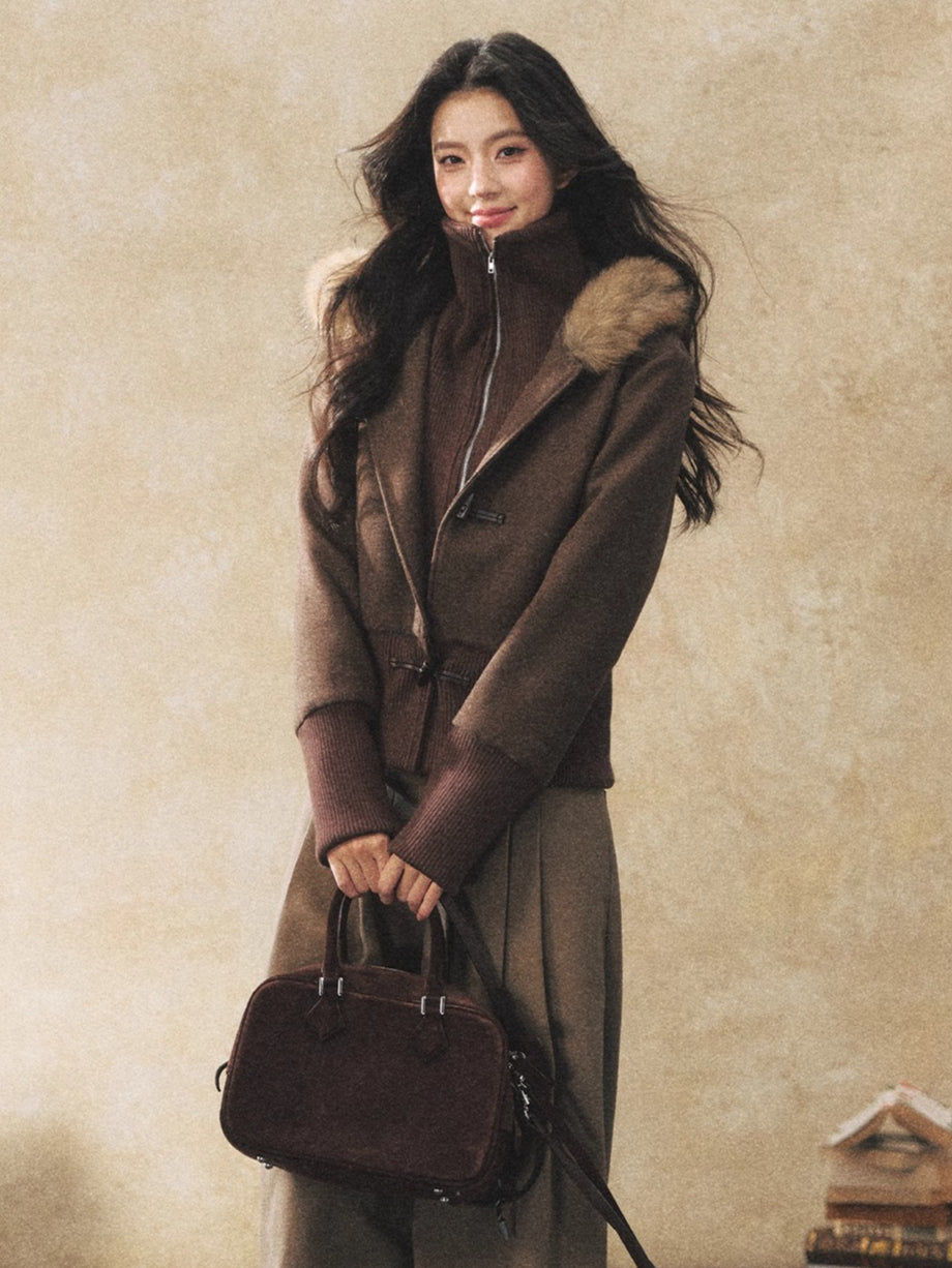 Fur Collar Faux-Layered Wool-Blend Jacket