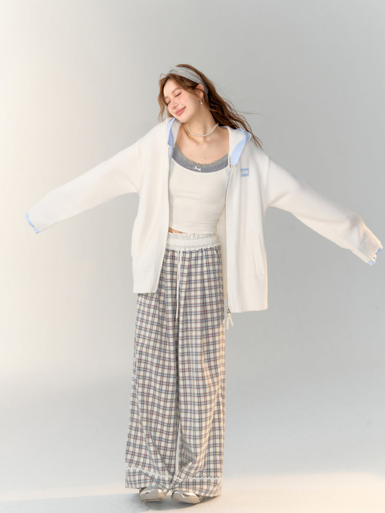 Lace-Trimmed Plaid Wide-Legged Pants