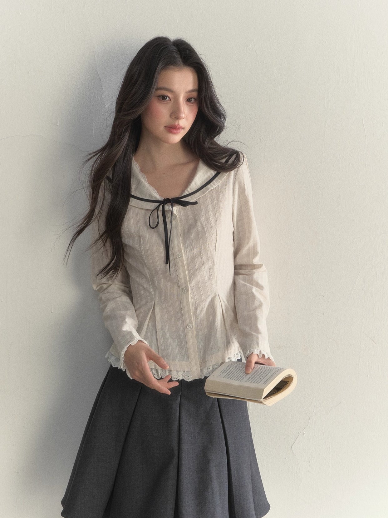 Nautical Texture Beige Fitted Blouse
