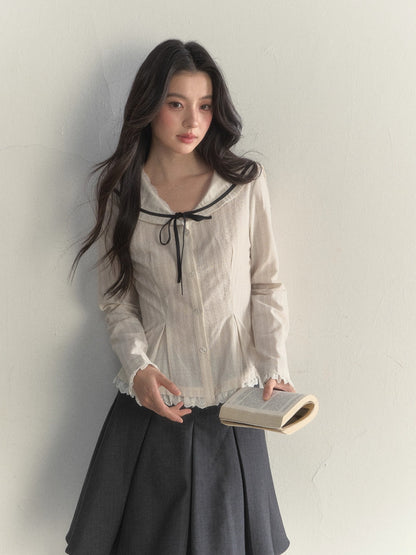 Nautical Texture Beige Fitted Blouse