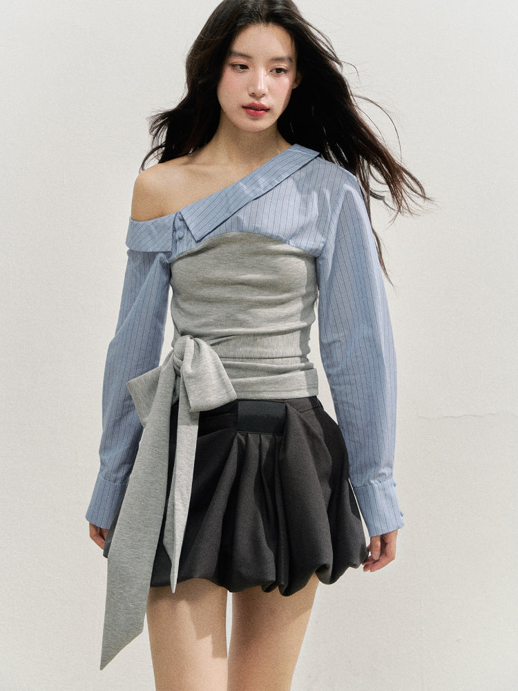 Asymmetric Shoulder Fake Two-Piece Striped Patchwork Blouse