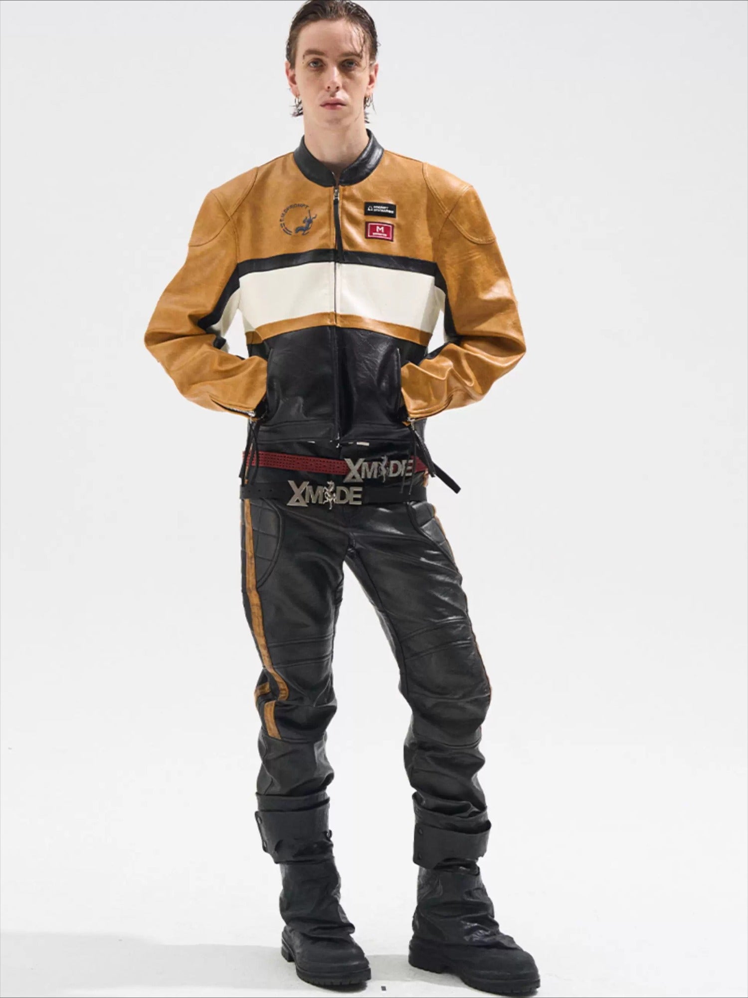 Color-Blocked Cropped Leather Sports Jacket