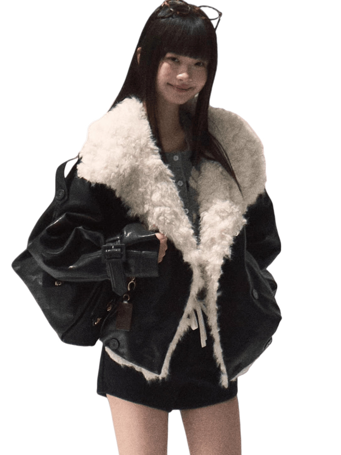 Shearling-Style Short Leather Jacket