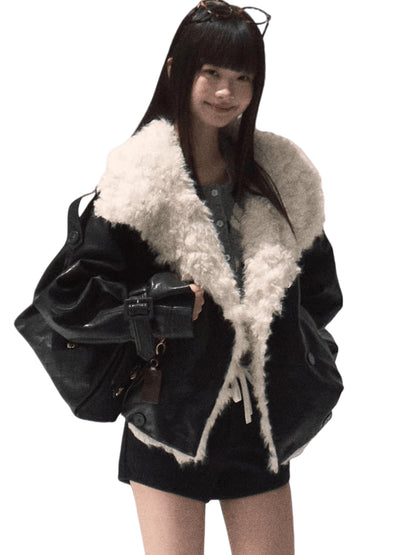 Shearling-Style Short Leather Jacket