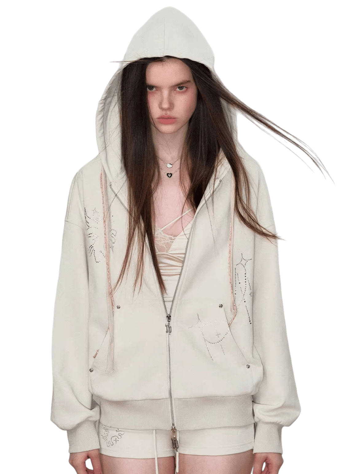 Rhinestone-Embellished Hooded Sweatshirt Jacket