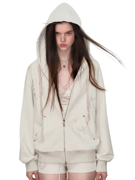 Rhinestone-Embellished Hooded Sweatshirt Jacket