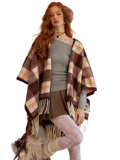 Vintage Plaid Fringe Shawl Scarf