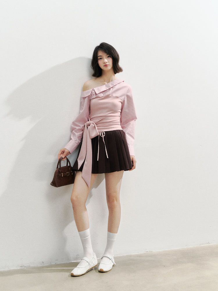 Asymmetric Shoulder Fake Two-Piece Striped Patchwork Blouse