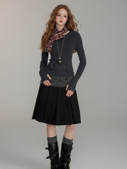 Patchwork Button Wool Pleated Skirt