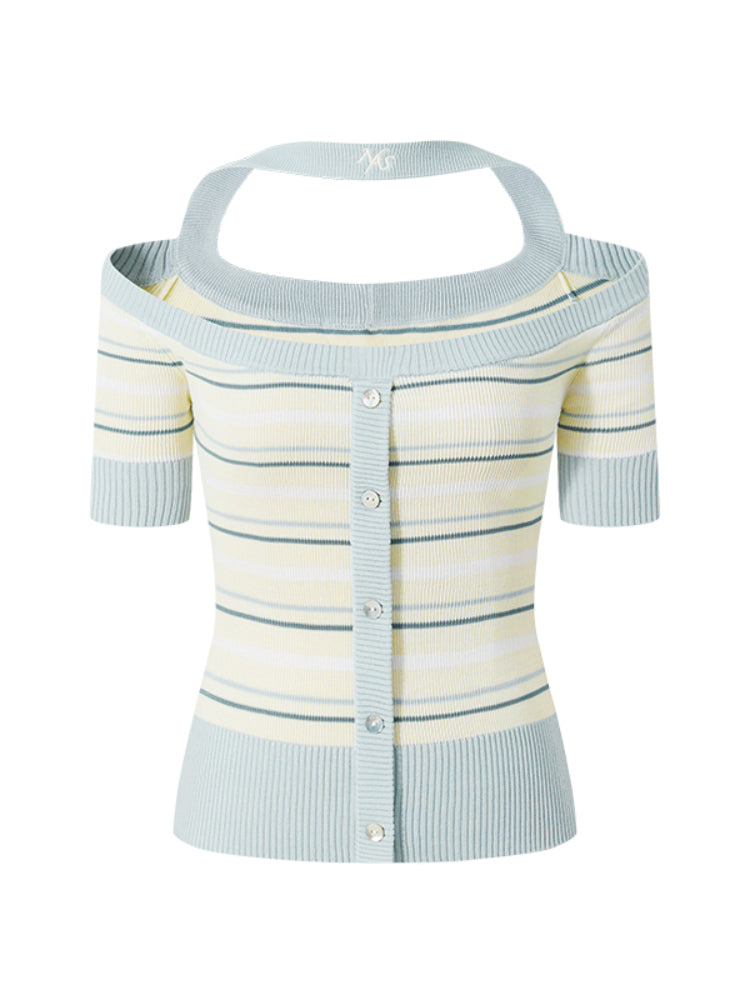 One-Shoulder Halter Neck Color-Block Striped T-shirt - CHINASQUAD
