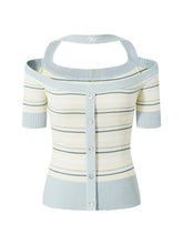 One-Shoulder Halter Neck Color-Block Striped T-shirt - CHINASQUAD