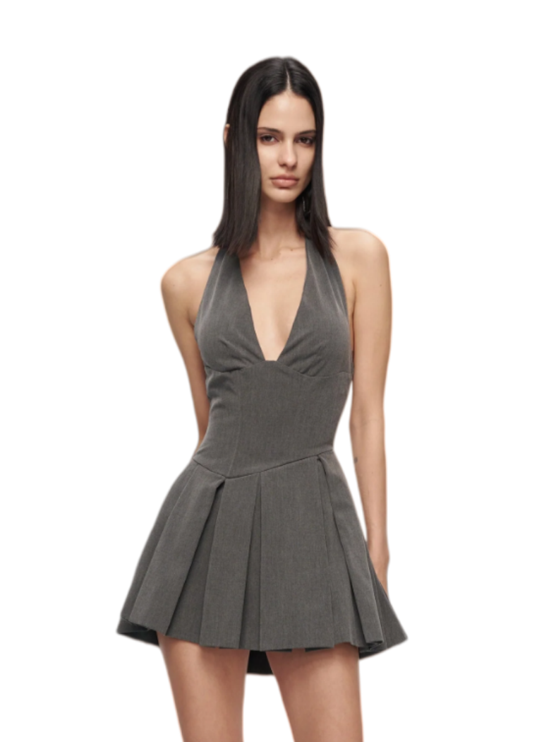 Grey Halter Neck Lace-Up Mini Dress