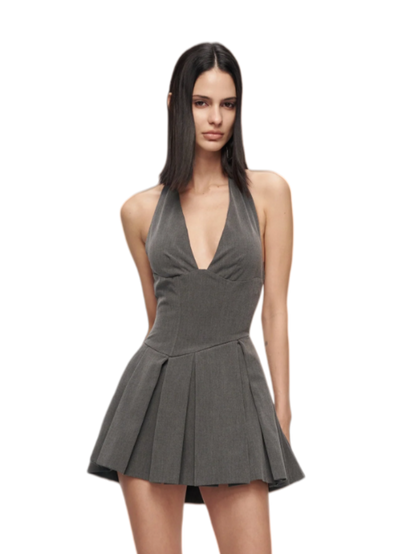 Grey Halter Neck Lace-Up Mini Dress