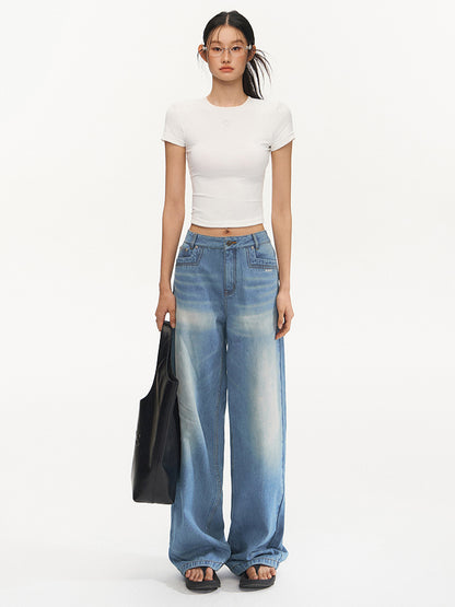 Water-Washed Low-Waist Loose Straight-Leg Pants