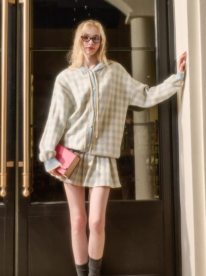 Plaid Contrast Jacket &amp; Pleated Skirt Set