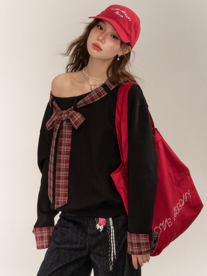 Plaid Patchwork Bow Sweatshirt