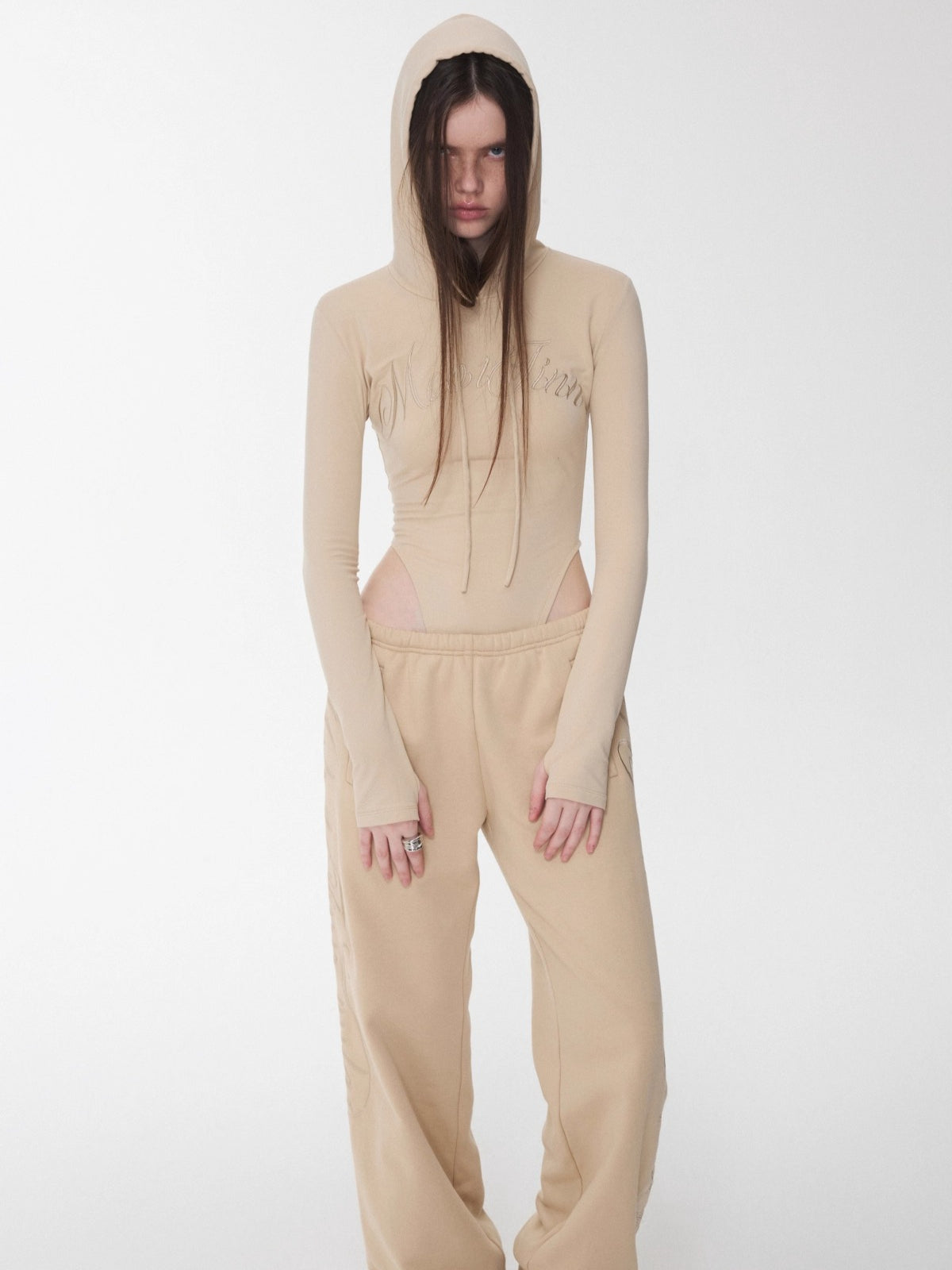 Embroidered Letter Drawstring Hooded Jumpsuit